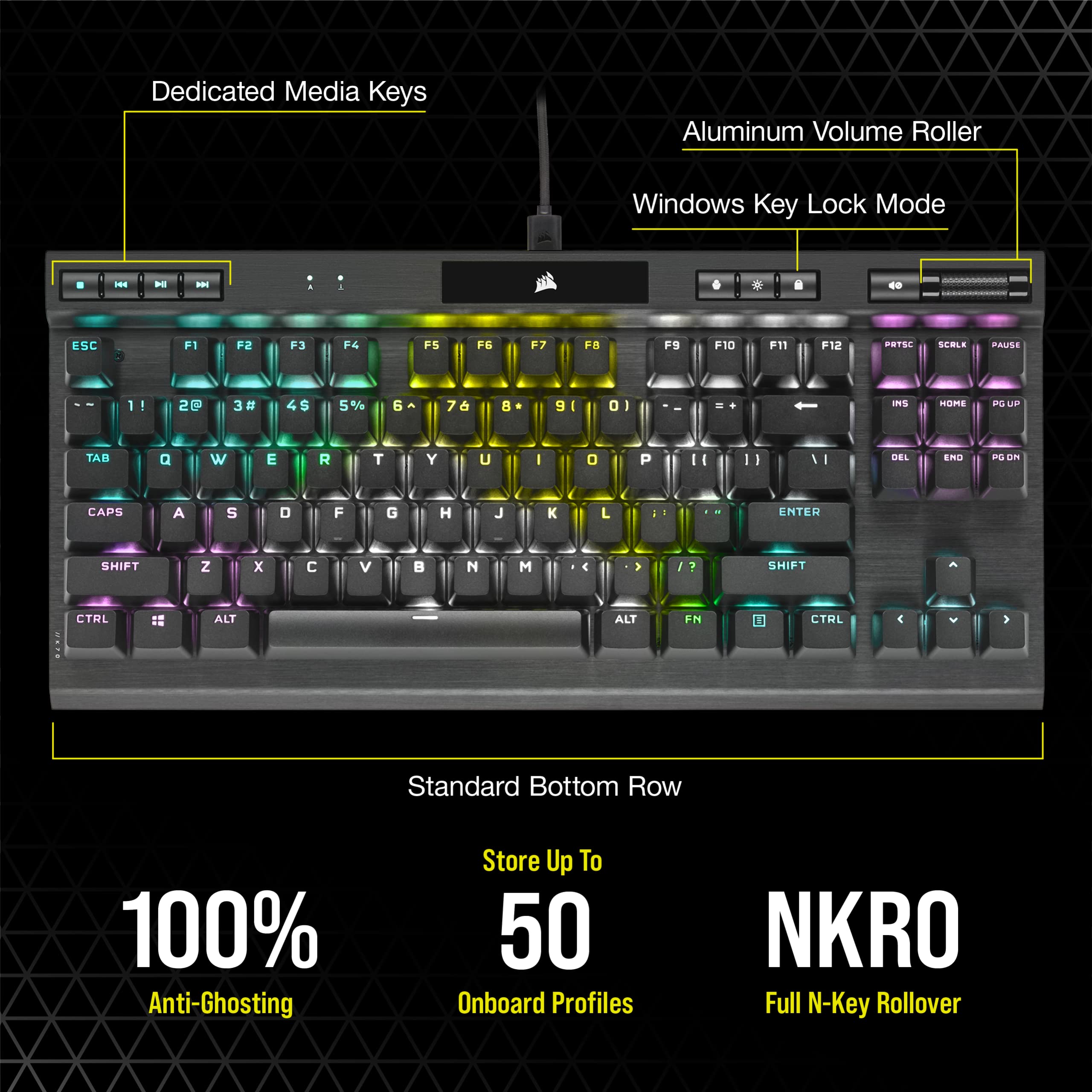 Corsair K70 RGB TKL CHAMPION SERIES Tenkeyless Mechanical Gaming Keyboard (CHERRY MX Silent Keyswitches: Linear and Quiet , PBT Double-Shot Keycaps, Per-Key RGB LED Backlighting) QWERTY NA, Black