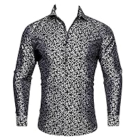 Classic Black Printed Embroidered Shirts for Men Silk Lapel Long Sleeve Exquisite Formal Fit Business Party