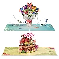 Paper Love Frndly Pop Up Cards 2 Pack - Includes 1 Butterflies Bouquet and 1 Flower Stand, For All Occasion, 100% Eco-Friendly, Includes Envelope and Note Tag