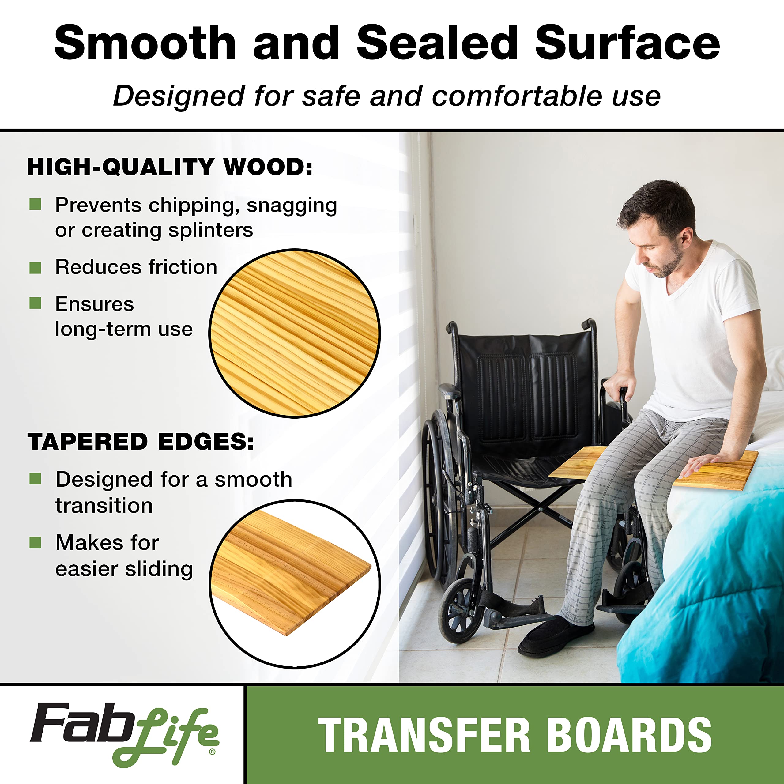 FabLife Deluxe Hardwood Transfer Board for Easy Patient Transfer, Slide Assist Device for Transportation, 2 Handgrips 8