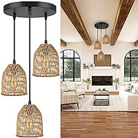 Rattan 3-Light Pendant Light, Basket Hanging Light Fixture with Hand Woven Rattan Shade, Boho Pendant Lighting, Wicker Bamboo Ceiling Lamp for Kitchen Living Room Bedroom