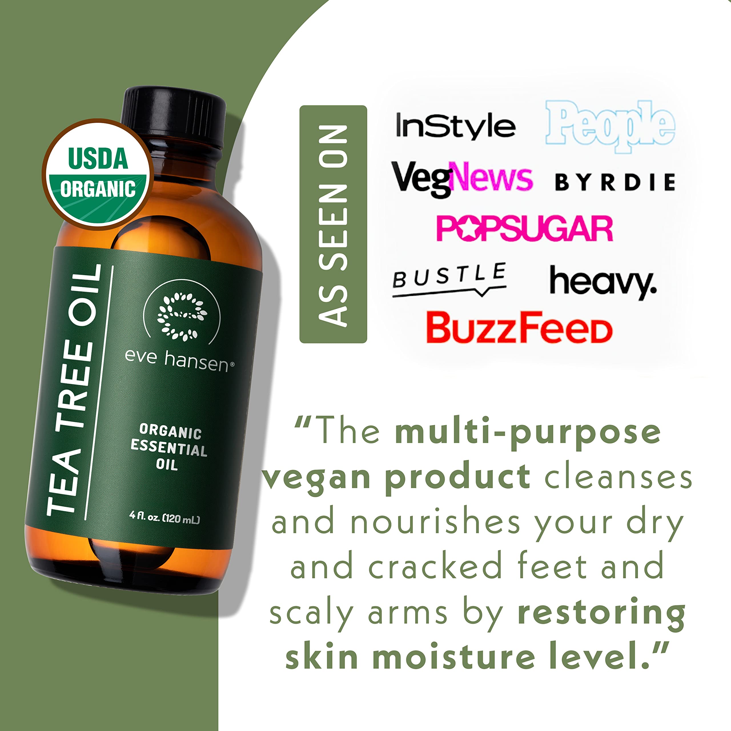 Eve Hansen Organic Tea Tree Oil (4oz) | Melaleuca Alternifolia | Pure Tea Tree Essential Oil for Skin, Scalp, Nails and Aromatherapy