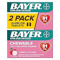 Aspirin Low Dose 81 mg Chewable Tablets, Pain Reliever, Cherry Flavored, 216 Tablets (6 Pack)