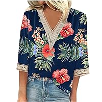 V Neck Shirts for Women 3/4 Length Sleeve Lace Tops Dressy Casual Work Blouses 2024 Summer Tunics Trendy Clothes