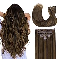 GOO GOO Clip in Hair Extensions Real Human Hair, 18inch 120g 7Pcs, 2C/4E/6C Brown Sugar Swirl Highlights, Remy Human Hair Extensions Clip ins for Women, Natural Human Hair
