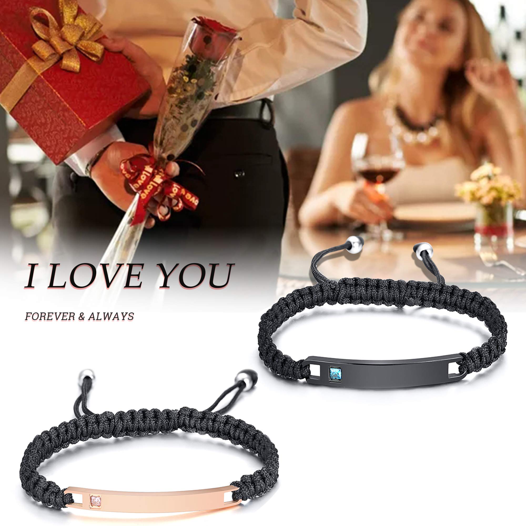 Personalized Custom His and Hers Handmade Rope Braided Nameplate ID Matching Couple Bracelets for Lover
