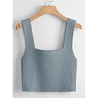 Women's Tops Shirts for Women Sexy Tops for Women Solid Ribbed Knit Top Tops (Color : Dusty Blue, Size : Large)