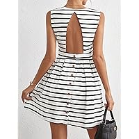 Striped Print Button Backless Dress