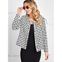 Coat for Women - Houndstooth Print Tweed Overcoat (Color : Black and White, Size : Medium)