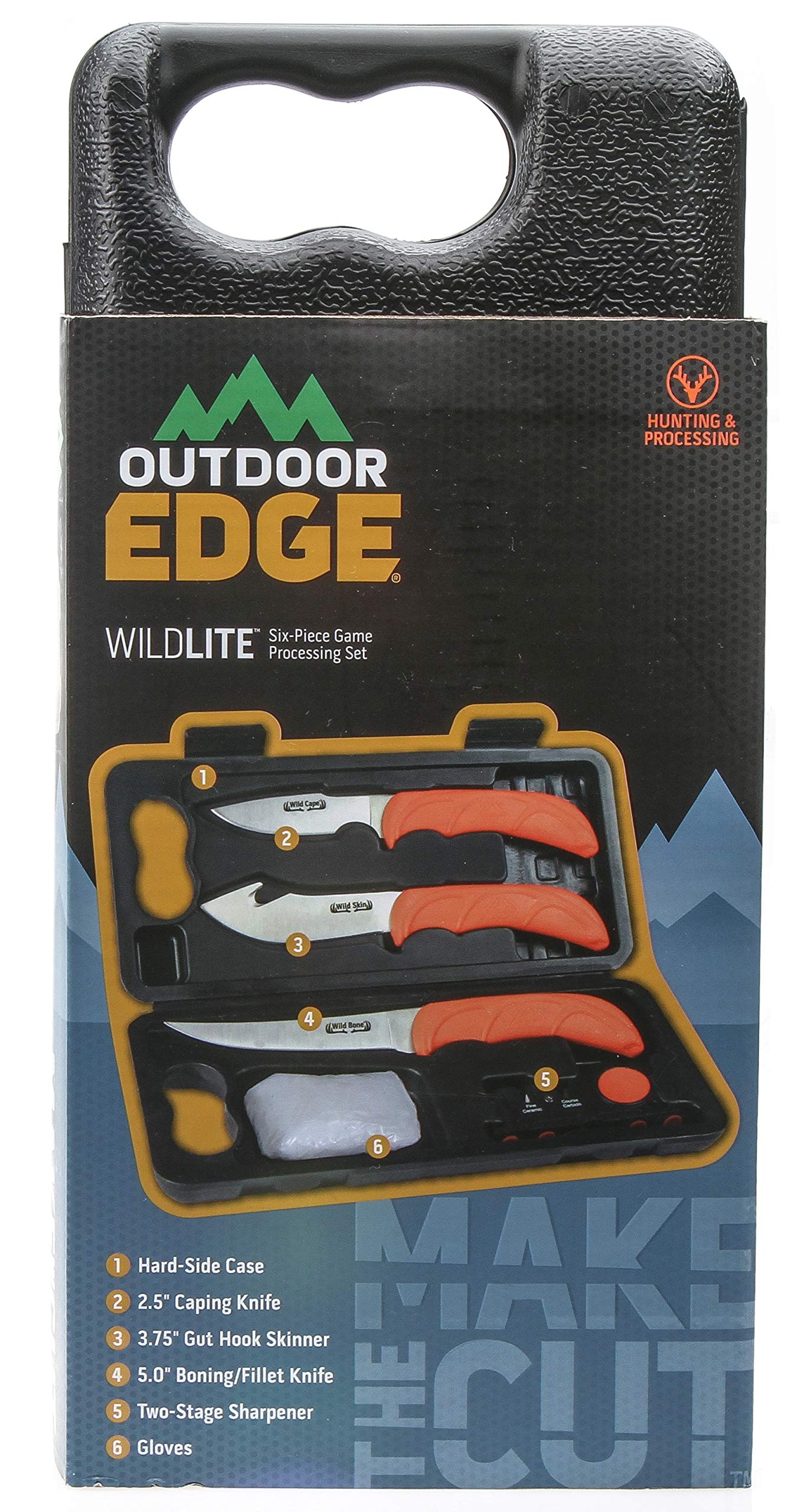 OUTDOOR EDGE WildLite 6-Piece Hunting Knife Set. Includes Skinning Knife, Boning & Caping Knives, & Sharpener all in a Compact Hard Side Case. Perfect Field Dressing Kit for Deer, Elk, Poultry & More