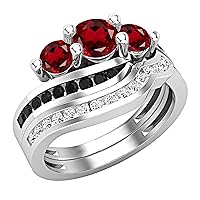 Dazzlingrock Collection Round Gemstone, Black & White Diamond Ladies Twisted Bypass 3 Stone Wedding Ring Set, Available in Various Gemstones & Metal 10K/14K/18K Gold & 925 Sterling Silver