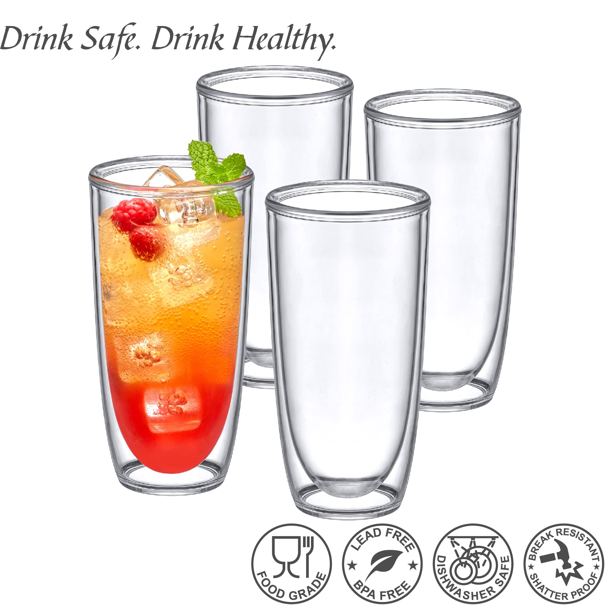 Amazing Abby - Andes - 20-Ounce Insulated Plastic Tumblers (Set of 4), Double-Wall Plastic Drinking Glasses, All-Clear High-Balls, Reusable Plastic Cups, BPA-Free, Shatter-Proof, Dishwasher-Safe