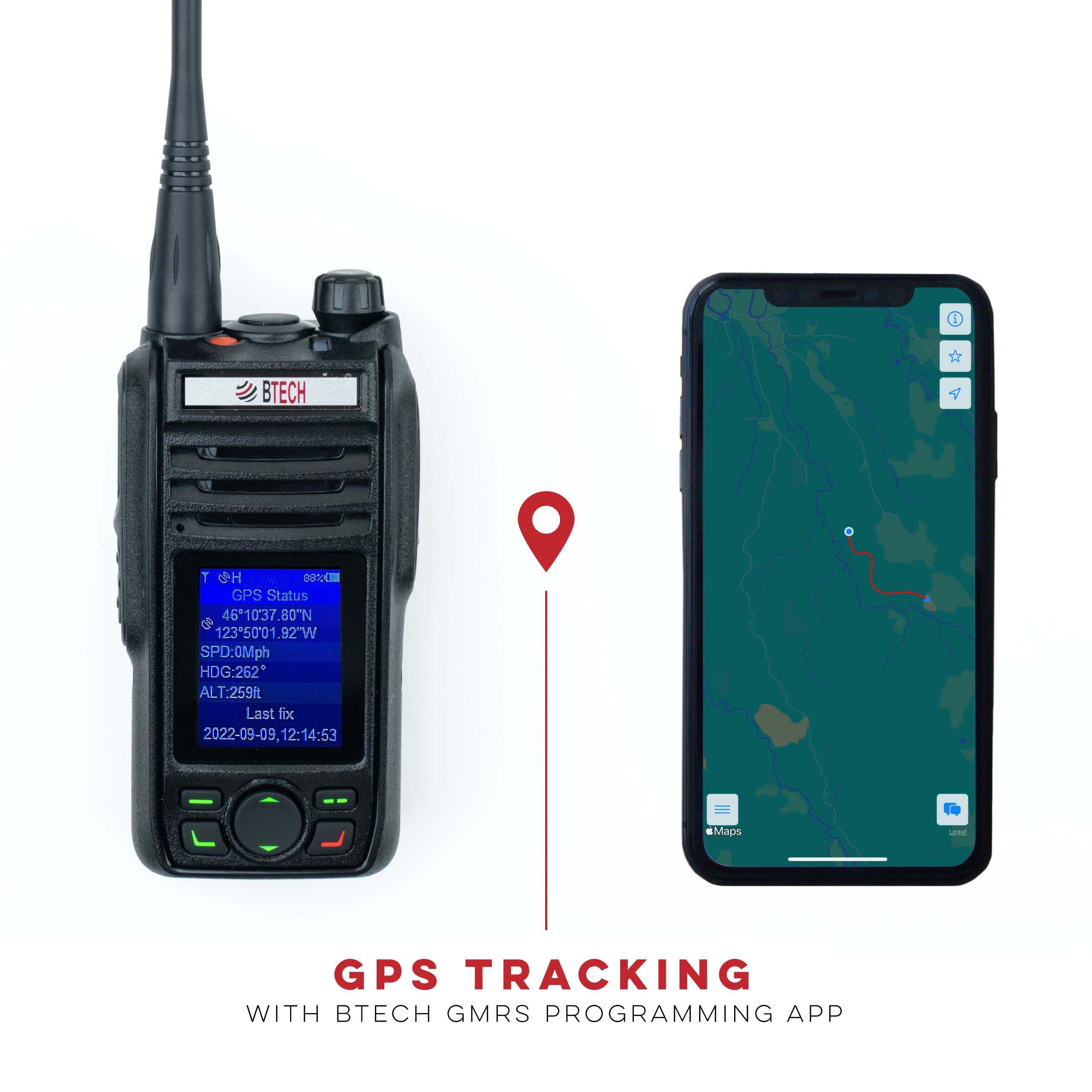 BTECH GMRS-PRO IP67 Waterproof GMRS Two-Way Radio with Bluetooth & GPS, APP Programmable, GMRS Repeater Capable, with Dual Band Scanning Receiver (VHF/UHF); Long Range Two Way Radio