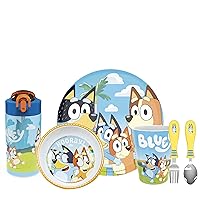 Bluey Kids Dinnerware Set Includes Plate, Bowl, Tumbler, Water Bottle, and Utensil Tableware, Made of Durable Material and Perfect for Kids (6 Piece Gift Set, Non-BPA)