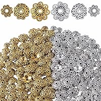PAGOW 240pcs 8mm/10mm/12mm Spacer Beads Flower Bead Caps Valentines Birthday Wedding Prom Jewelry DIY Findings for Necklace Bracelet Making(Antique Gold,Silver)