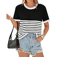 ZESICA Women's Summer Ribbed Short Sleeve T Shirts 2024 Casual Striped Crew Neck Knit Basic Tops