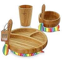 NutriChef Baby Feeding Plate & Bowl, Wooden Suction Plate and Bowl Infant Toddler Dish, Cup, and Spoon Set with Silicone Suction Base for Stay Put Eating, For Children Aged 4-72 Months(Rainbow), Small