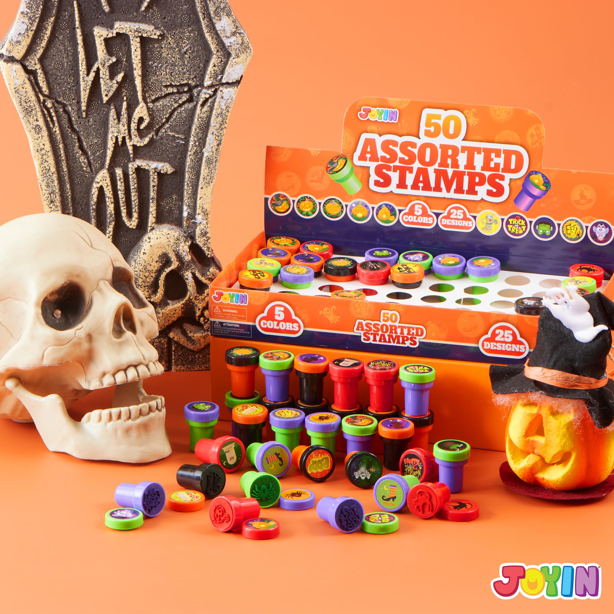 JOYIN 50 Pieces Halloween Assorted Stamps Kids Self Ink Stamps, 25 Designs Plastic Stamps, Trick Or Treat Stamps, Spooky Stamps for Halloween Party Gifts, Game Prizes, Halloween Goodies Bags