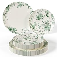 Trendables 80 Piece Plastic Disposable Plates Set For 40 Guests I 40 X 8 Inch Dessert Plates & 40 X 10 Inch Disposable Plastic Plates | Wedding Party Plates | Ivory & Green Verdure Design