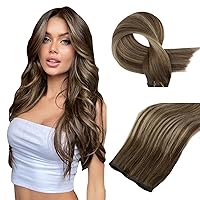 Full Shine Brown Ombre Hair Extensions Weft Hand Tied Hair Extensions Real Human Hair Genius Weft Hair Extensions Color Medium Brown To Honey Blonde Highlight Medium Brown Human Hair Weft 50G 18 Inch
