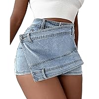 NRTHYE Women's Denim Skirt Skorts High Waist Irregular Hem Summer Skinny Jeans Denim Shorts
