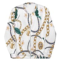 Unisex Bomber Jacket For Women Men Streetwear Floral Chained Gold Flowery White
