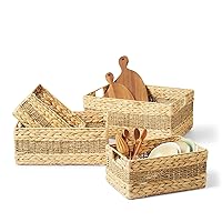 Artera Large Wicker Storage Basket - Set of 4 Woven Water Hyacinth Baskets with Handle, Large Rectangular Natural Nesting Storage Bins for Bedroom, Bathroom, Laundry Room or Kitchen (Style 1)