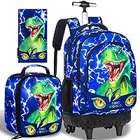 AGSDON 3PCS Kids Rolling Backpack, Boys Roller Wheels Bookbag, Wheeled School Bag with Lunch Bag - Dinosaur