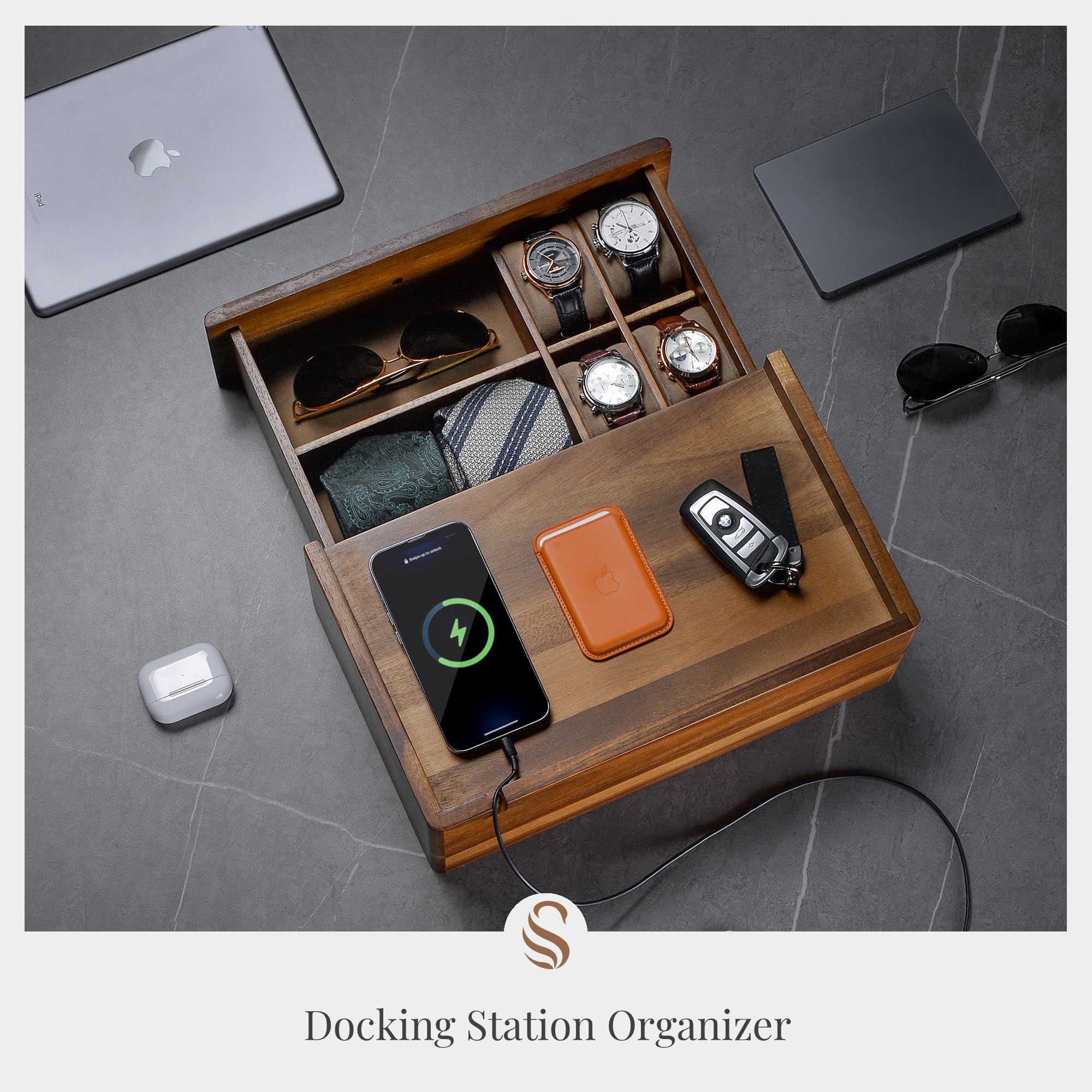 Docking Station Organizer - Wood Drawer Watch Box with Removable EDC Tray, Sunglasses Holder, Phone and Watch Stand