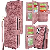 Harryshell Detachable Magnetic Zipper Wallet Leather Case Cash Pocket with 12 Card Slots Holder Wrist Strap for Samsung Galaxy S21+ S21 Plus 5G 6.7 Inch (2021) Floral Flower (Rose Pink)