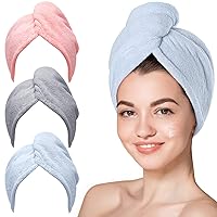 Microfiber Hair Towel, 3 Packs Hair Turbans for Wet Hair, Drying Hair Wrap Towels for Curly Hair Women Anti Frizz (Blue,Grey,Pink)