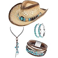 Janmercy 4 Pcs Boho Jewelry Set Straw Cowboy Hat with Vintage Synthetic Turquoise Necklace, Bracelets, Earrings for Women
