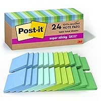 Post-it 100% Recycled Paper Super Sticky Notes, 2X The Sticking Power, 3x3 in, 24 Pads, 70 Sheets/Pad, Oasis Collection (654R-24SST-CP)