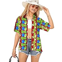 LA LEELA Button Down Shirt for Women Floral Summer Beach Party Blouse Shirt V Neck Colorful Blouses Short Sleeve Vacation Dress Hawaiian Shirts for Women S Tropical, Red