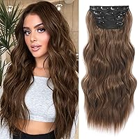 NAYOO Clip in Curly Hair Extensions 4PCS Long Wavy Synthetic Thick Hairpieces with Fiber Double Weft for Women Hair Full Head (24 Inch, Chestnut Brown)