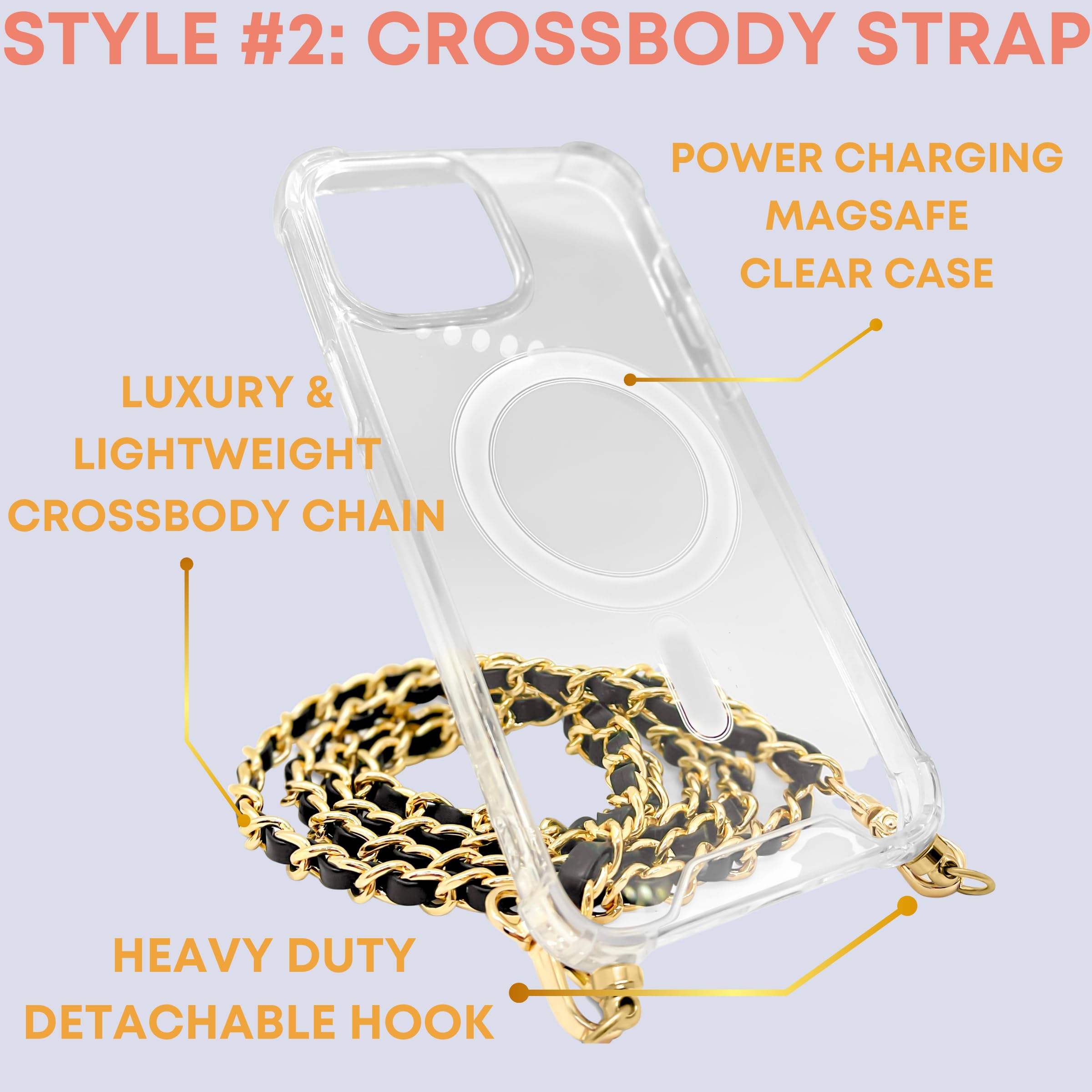 Aporia - iPhone 15 Series MagSafe Clear Case with Crossbody Chain | Built in Hook & Black & Gold Shoulder Strap | Compatible for MagSafe Wireless Charging + Luxury Design (iPhone 15 Pro Max)