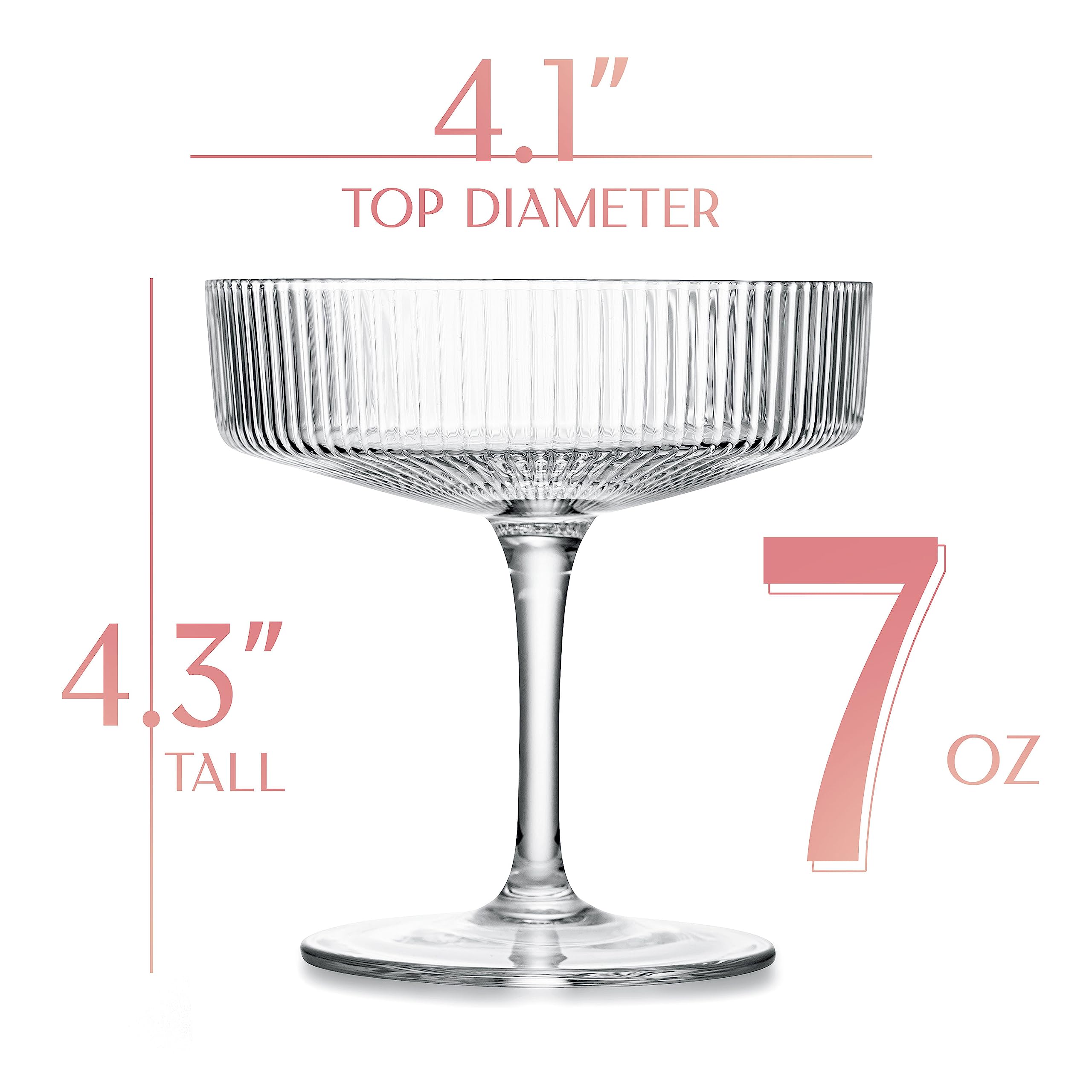 Vintage Art Deco Coupe Glasses | Set of 4 | 7 oz Classic Cocktail Glassware for Champagne, Martini, Manhattan, Cosmopolitan, Sidecar | Crystal Speakeasy Style Saucer Goblets with Stems