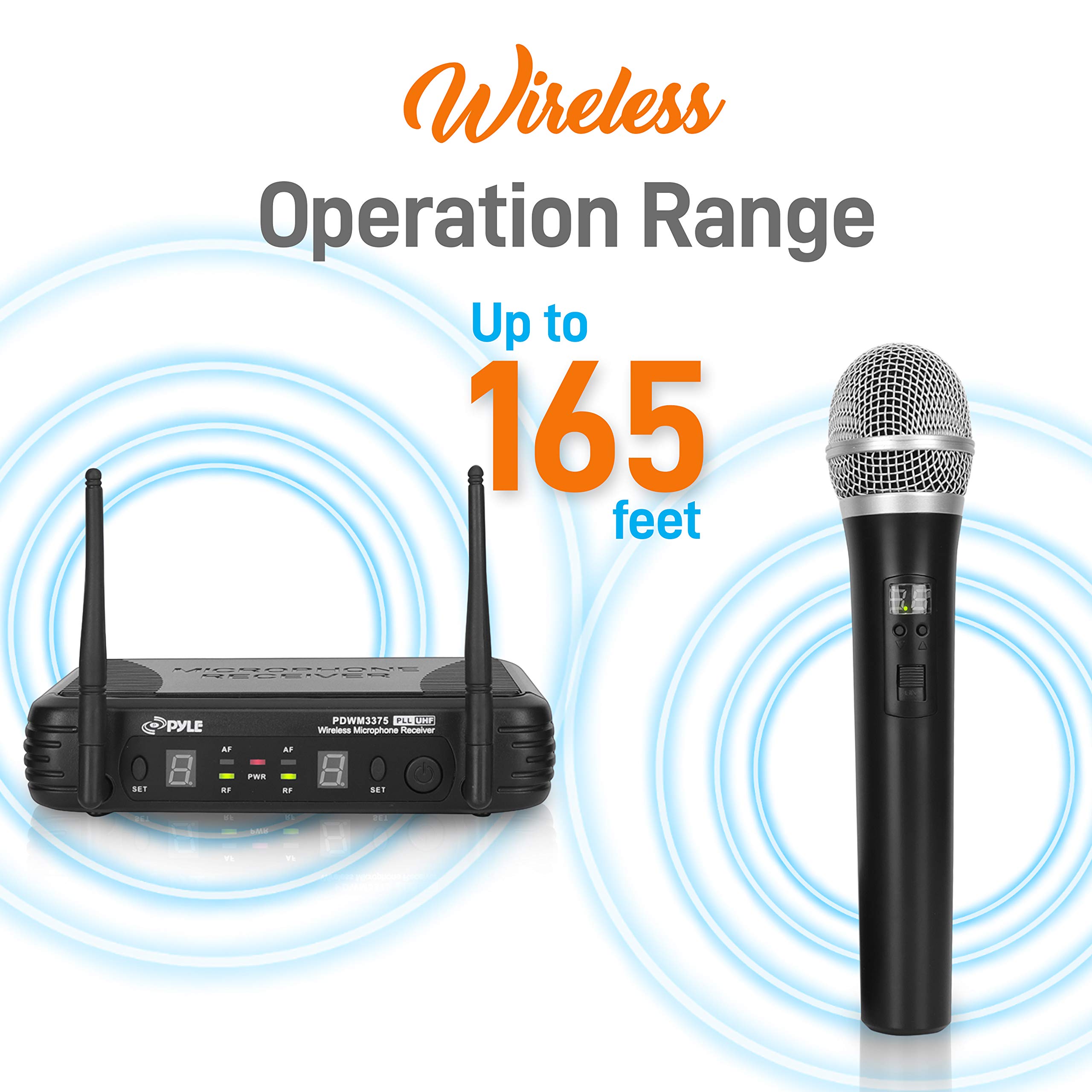 PYLE-PRO Professional Wireless Microphone System - Dual UHF Band, Wireless, Handheld, 2 MICS With 8 Selectable Frequency Channels, Independent Volume Controls, AF & RF Signal Indicators - PDWM3375