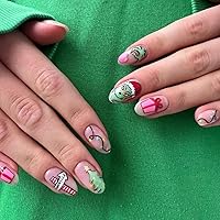24Pcs Christmas Press on Nails Short Almond Fake Nails Pink Full Cover Artificial Acrylic False Nails Colorful Lantern Winter Xmas Green Monster Cute Christmas Stick on Nails for Women DIY New Year