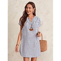 Fall Dresses for Women 2023 Notched Neck Striped Dress Dresses for Women (Color : Blue and White, Size : XX-Large)