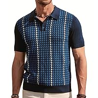 Men's Vintage Polo Shirts Lightweight Retro 70s Knit Houndstooth Golf Shirts