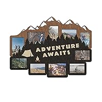 Adventure Awaits Picture Frame Collage with 2 Layers Customizable Text 10 Photo Openings 4x6 5x7 Wooden Wall Photo Gallery for Cabin