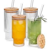 ANOTION Ribbed Glassware Set of 4, 14oz Ribbed Glass Cups with Lids and Straws, Ribbed Juice Glass Fluted Glassware Ribbed Drinking Glasses for Margaritas Whiskey Smoothie Ice Tea Coffee Soda Cocktail