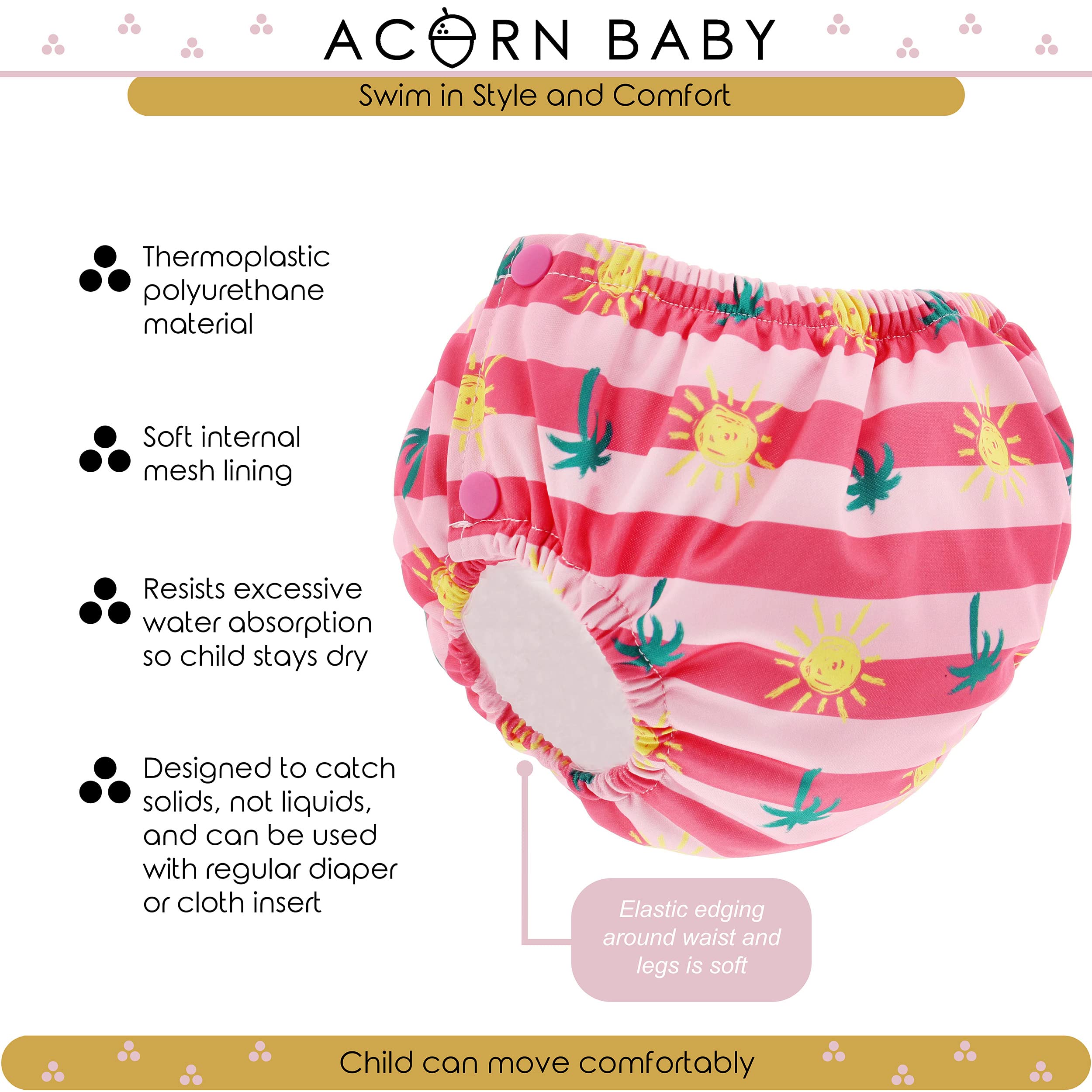 Acorn Baby Toddler Swim Diaper Size 5 and 6 Adjustable - Pink Palm Trees Swimmers Reusable Toddler Swimming Diaper