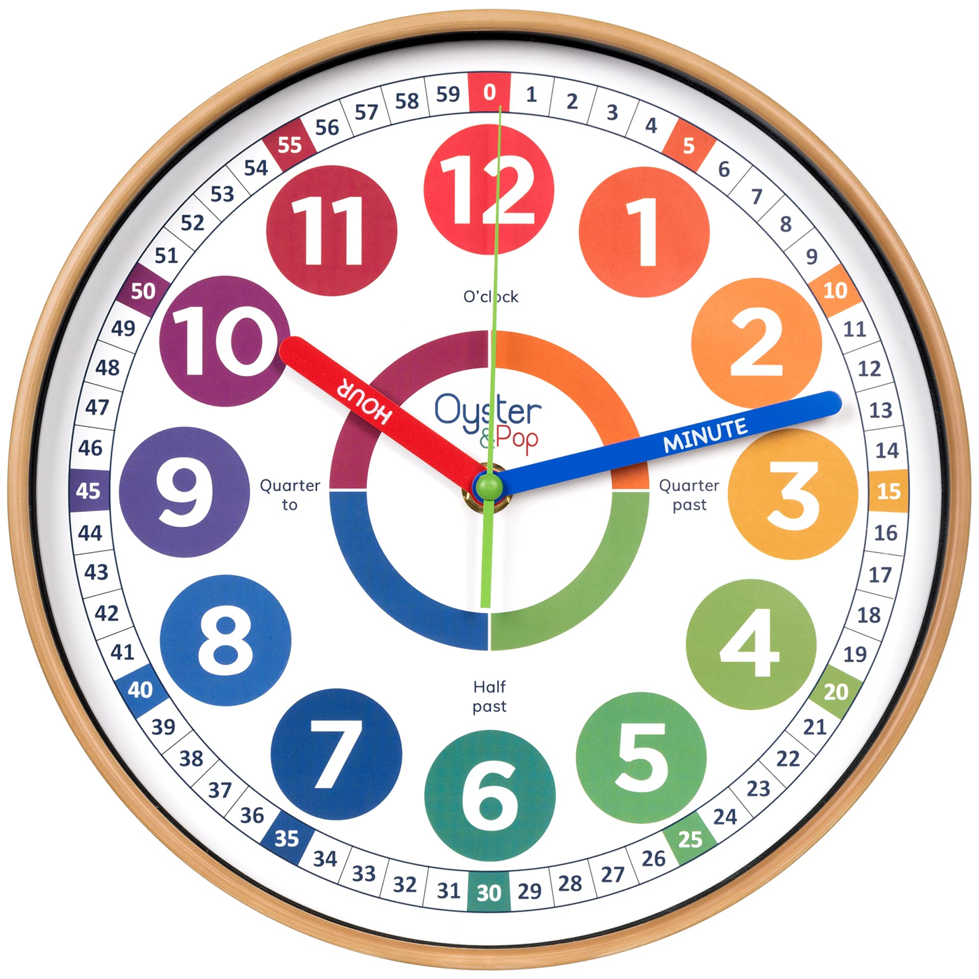 Oyster&Pop Kids Wall Clock - Learning Clock - Silent Analogue Telling Time Teaching Clock - Kids Learn to Tell Time Easily