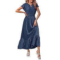 MEROKEETY Women 2024 Summer Flutter Short Sleeve V Neck Swiss Dot Smocked A Line Tiered Maxi Dresses