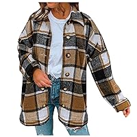 FMCHICO CHARMAP- Womens Brushed Flannel Plaid Lapel Button Short Pocketed Shacket Shirts Coats