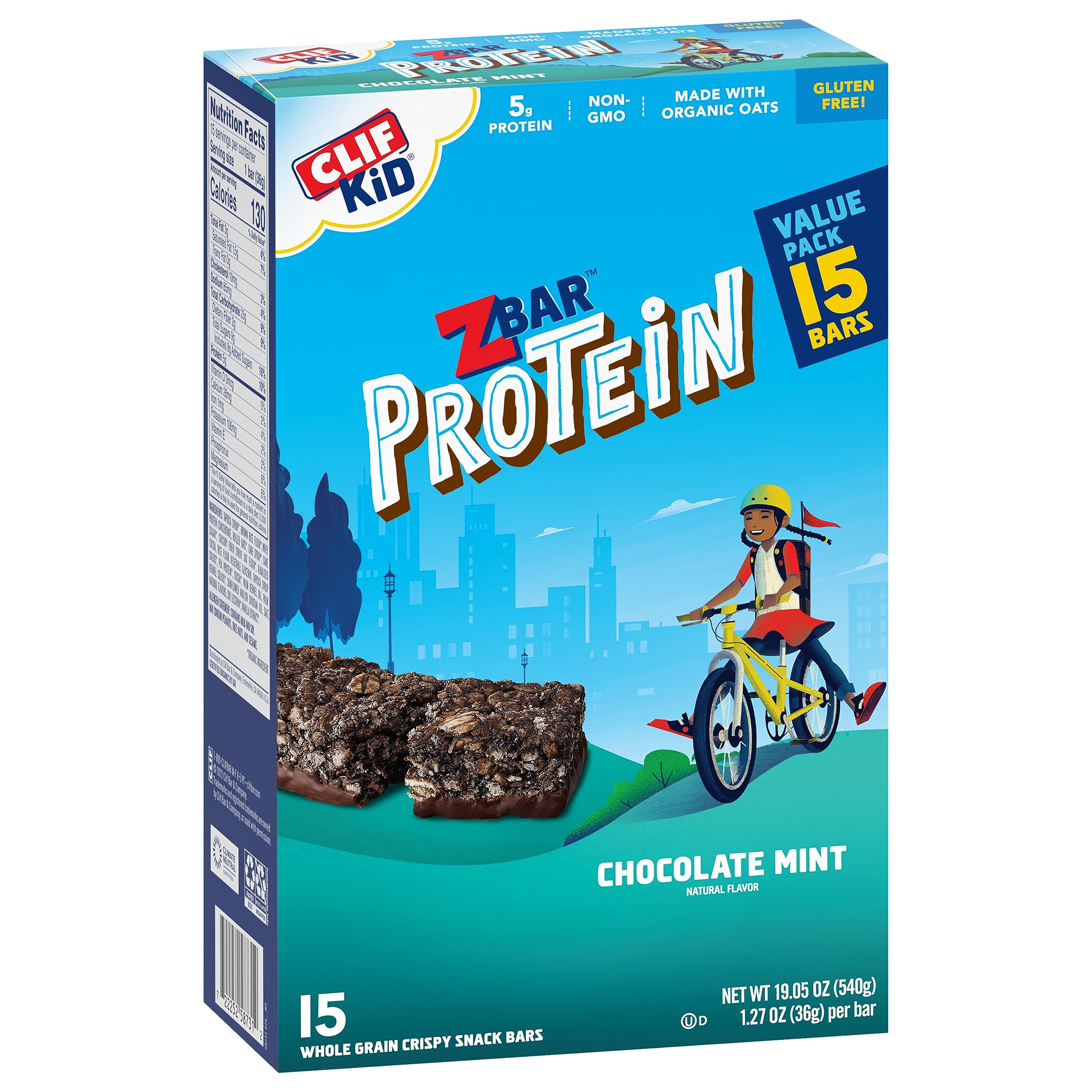 CLIF Kid Zbar Protein - Chocolate Mint - Crispy Snack Bars - 1.27 oz. (15 Pack)