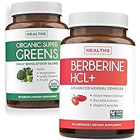 Super Greens & Berberine (1-Month Supply) Greens & Berberine Boost Bundle of Organic Super Greens Powder - Complete Superfood (60 Caps) & Berberine HCL+ Supplement with Banaba Leaf Extarct (60 Caps)