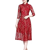 Women's Elegant Lace Midi Dresses Stand Collar 3/4 Sleeve Beaded Crochet Hollow Out Embroidery Dinner Evening Dress